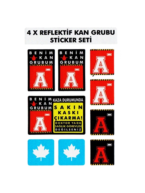 Çınar Extreme® A Rh- (Negatif) Kaskımı Çıkartma Yazılı 7 Parçalı Reflektif Kan Grubu Sticker Seti 