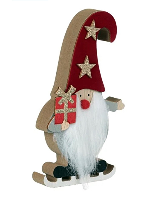 Yılbaşı Süsü Dekoratif  Ahşap Kürklü Gnome Noel Baba Biblo Figür - 14 cm