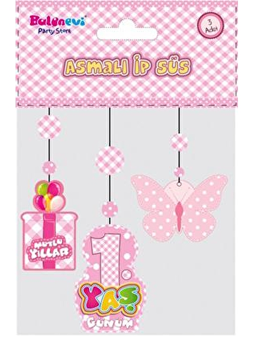 Parti 1 Yaş Temalı Asmalı İp Süs Pembe Renk 3 lü Set 12x45 cm