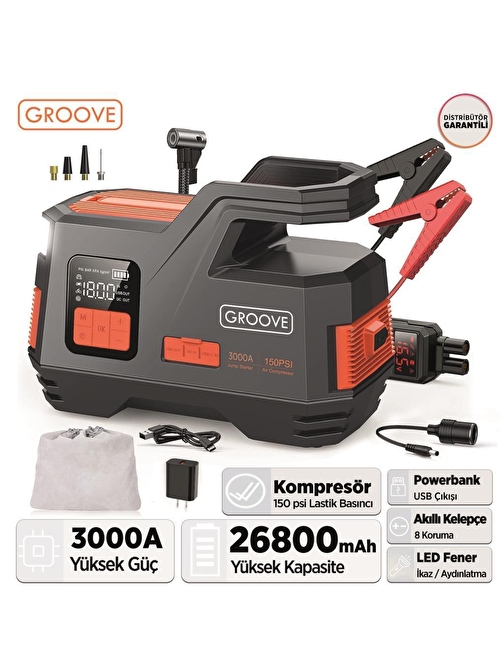 GROOVE JS006 26800mAh 3000A Akü Takviye Cihazı + Lastik Şişirme Kompresörü Taşınabilir Jump Starter (Kompresör+Powerbank+Led Lamba+LCD Ekran)