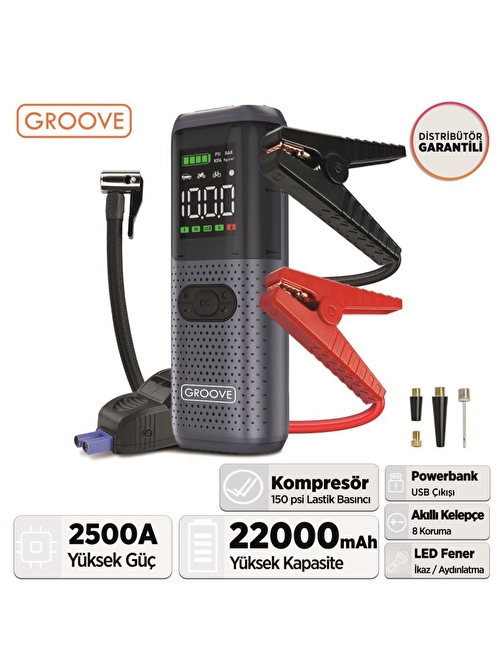 GROOVE HCB002 22000mAh 2500A Akü Takviye Cihazı + Lastik Şişirme Kompresörü Taşınabilir Jump Starter (Kompresör+Powerbank+Led Lamba+LCD Ekran)