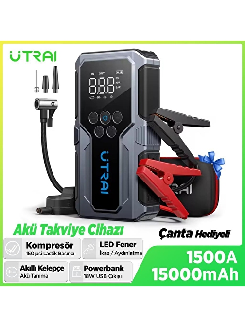 UTRAI JS-9 Jstar 9 15000mAh 1500A Akü Takviye Cihazı + Lastik Şişirme Pompası Taşınabilir Jump Starter (Çanta+Powerbank+Led Lamba+LCD Ekran)