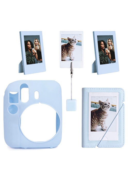 Instax mini 12 Mavi Slikon Kılıf Mini 28'li Albüm ve Fotoğraf Çerçeveleri Aksesuar Seti