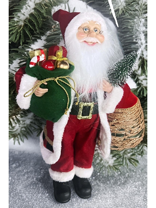 Yılbaşı Süsü Noel Baba Biblo Figür Büyük Boy 45cm -Elinde Çam Ağacı ve Hediye Çuvalı ile