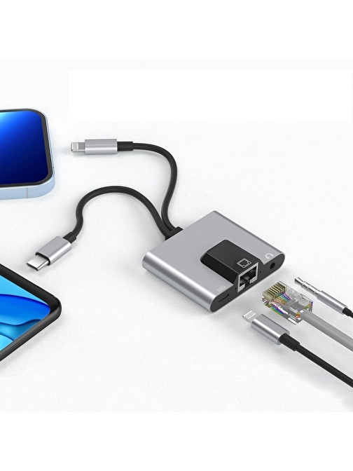 Coverzone 3 in 1 arada iphone ile Uyumlu Lightning/Type-C - Ethernet Adaptörü - Telefon/Tablet Ethernet LAN Ağ Adaptörü,RJ45 Adaptörü Tak ve Çalıştır Zr815